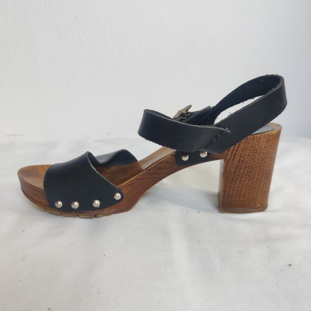 Miz Mooz NYC Wooden Block Heel Studded Black Leather Sandals Size 8 Scandi Girl - Picture 6 of 12